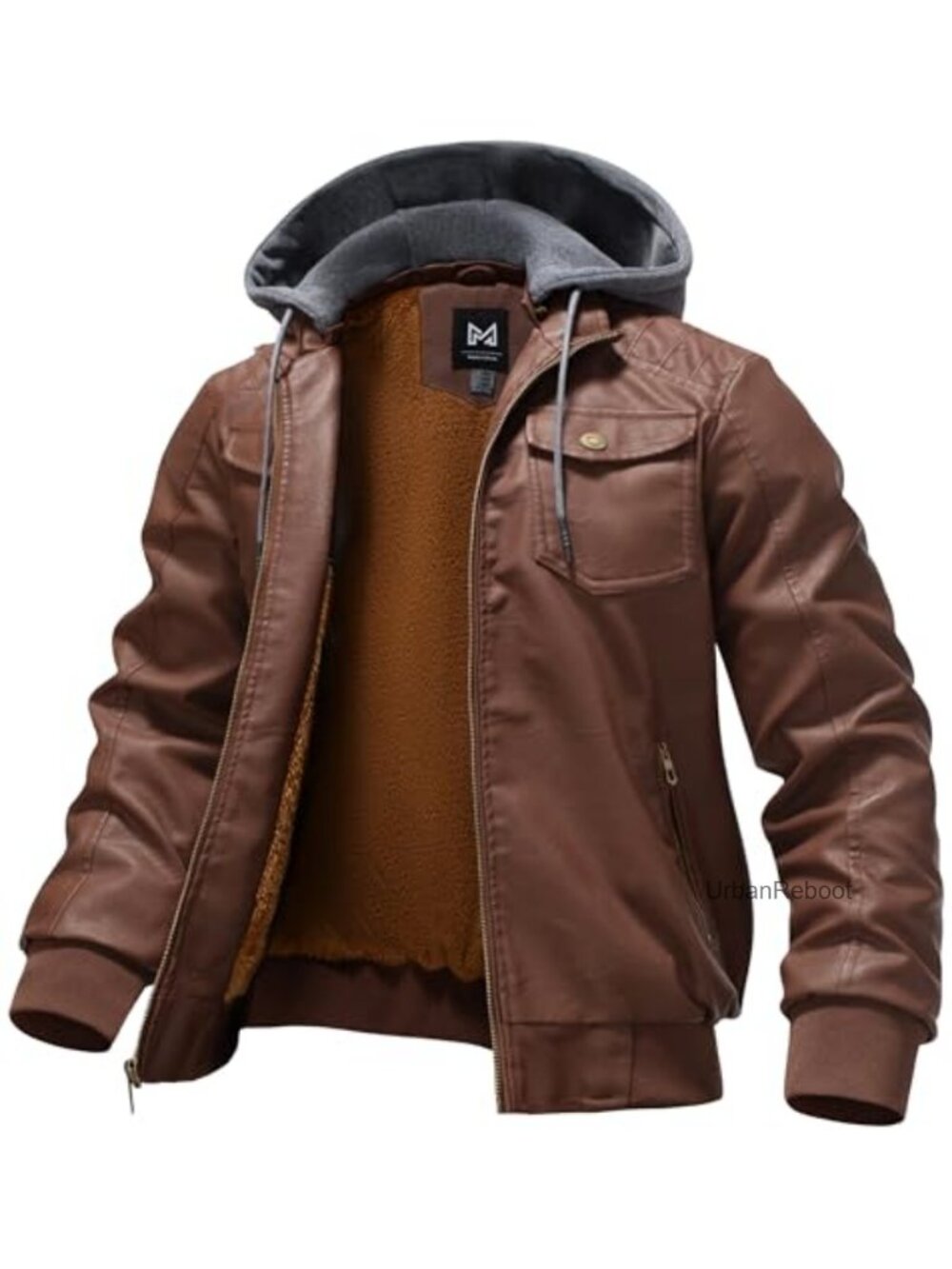 Faux Leather Hooded Bomber Motorcycle Jacket Fleece Lined Waterproof